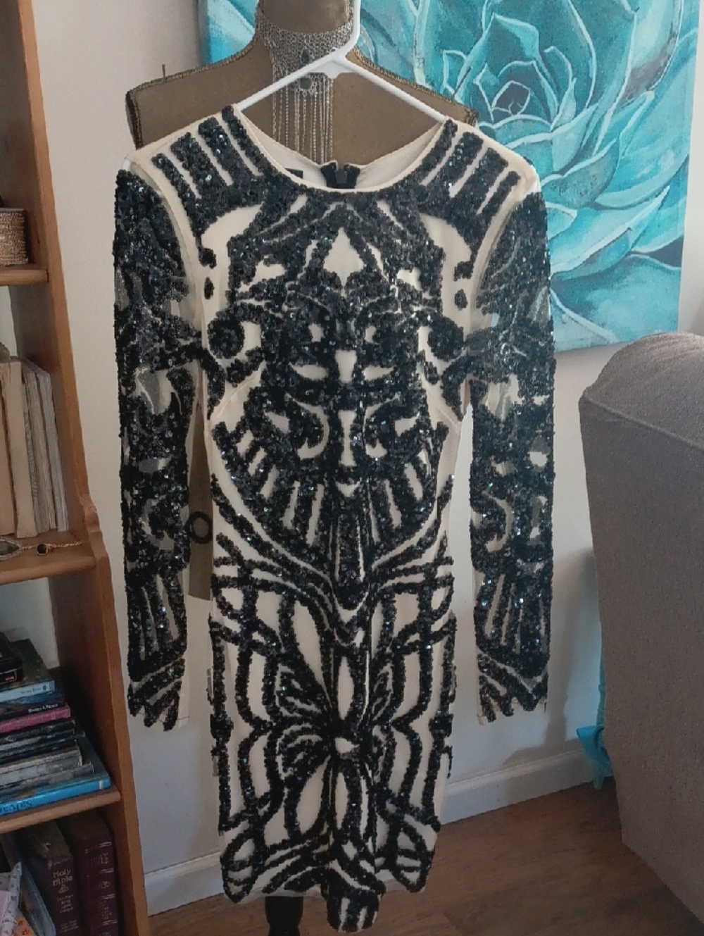 bebe Cream Long Sleeve Bodycon Dress with Black Sequin Pattern